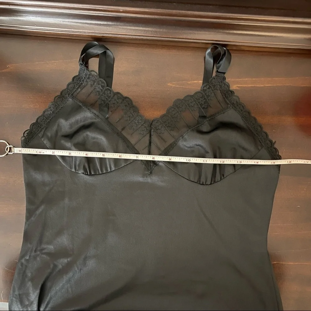 Vintage Black 100% Nylon with Floral V Neck Trim Slip Dress - Picture 11 of 12